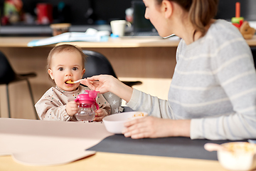 Image showing happy mother feeding baby with puree at home