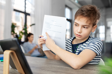 Image showing student boy with tablet computer learning at home