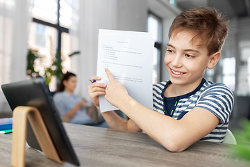 Image showing student boy with tablet computer learning at home