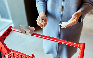 Image showing woman cleaning shopping cart handle with sanitizer