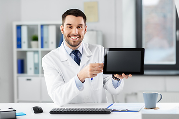 Image showing doctor with tablet pc having video call at clinic