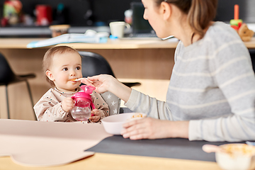 Image showing happy mother feeding baby with puree at home