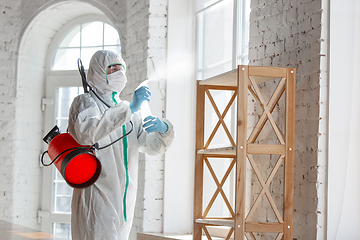 Image showing Coronavirus Pandemic. A disinfector in a protective suit and mask sprays disinfectants in the house or office