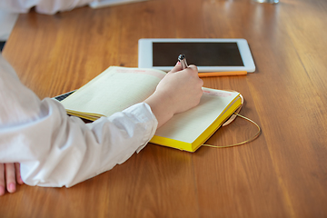 Image showing Young caucasian business woman working in office, diversity and girl power concept, close up