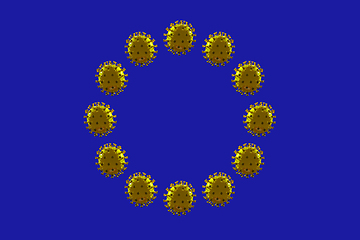 Image showing Flag of Europe made of models of COVID-19 coronavirus, concept of pandemic spreading