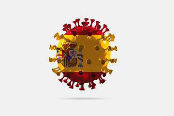 Image showing Model of COVID-19 coronavirus colored in national Spain flag, concept of pandemic spreading