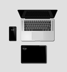 Image showing Laptop, tablet and phone set mockup isolated on grey. 3D render