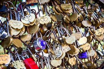 Image showing Padlocks symbols of love hanging on a fence