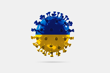 Image showing Model of COVID-19 coronavirus colored in national Ukraine flag, concept of pandemic spreading