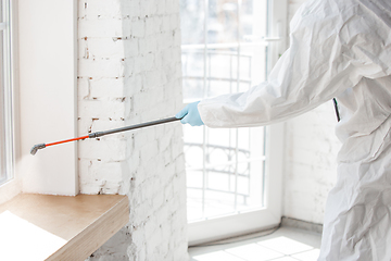 Image showing Coronavirus Pandemic. A disinfector in a protective suit and mask sprays disinfectants in the house or office