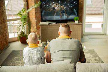 Image showing Excited family watching martial arts, sport match at home, father and son