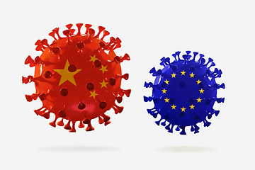 Image showing Model of COVID-19 coronavirus colored in national China and EU flags, concept of pandemic spreading