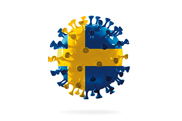 Image showing Model of COVID-19 coronavirus colored in national Sweden flag, concept of pandemic spreading