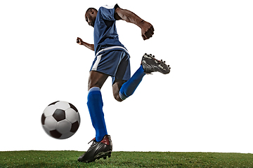 Image showing Football or soccer player on white background - motion, action, activity concept, wide angle