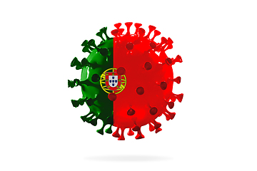 Image showing Model of COVID-19 coronavirus colored in national Portugal flag, concept of pandemic spreading