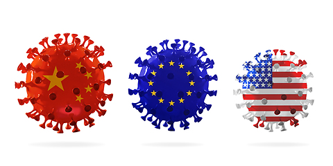 Image showing Model of COVID-19 coronavirus colored in national China, EU and USA flag, concept of pandemic spreading