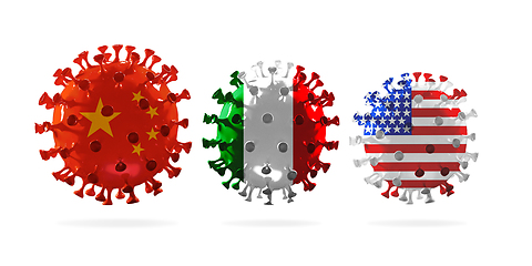 Image showing Model of COVID-19 coronavirus colored in national USA, China and Italy flag, concept of pandemic spreading