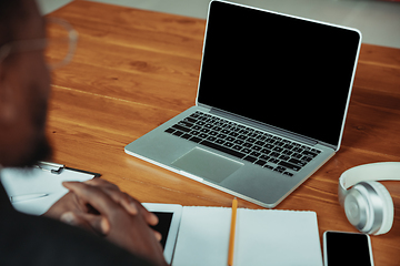 Image showing Top view of businessman or student working from home while being isolated or keep quarantine \'cause of coronavirus COVID-19