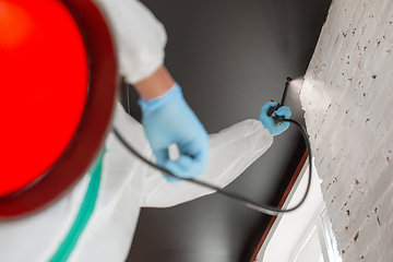 Image showing Coronavirus Pandemic. A disinfector in a protective suit and mask sprays disinfectants in the house or office