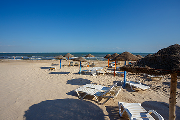 Image showing Beach umbrellas on sandy Tunis beach