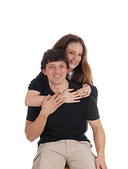 Image showing Young couple, she is hugging him from behind