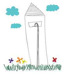 Image showing Line art of a lighthouse erected above the grasslands with multi