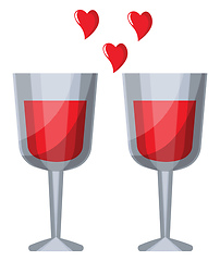 Image showing Two wine glasses with red liquid and red hearts vector illustrat