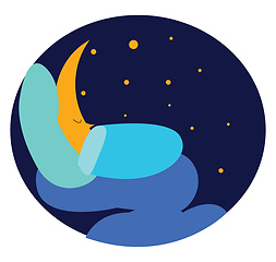 Image showing Clipart of a moon sleeping in a blue-bed under the blue-sky vect