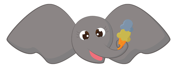 Image showing Cartoon funny grey elephant\'s face holding cone ice cream in its