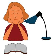 Image showing Girl reading a book at a table with a table lamp  vector illustr