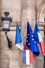 Image showing French and European flags on Senate entrance, Paris, France