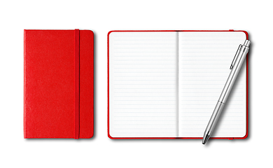 Image showing Red closed and open notebooks with a pen isolated on white