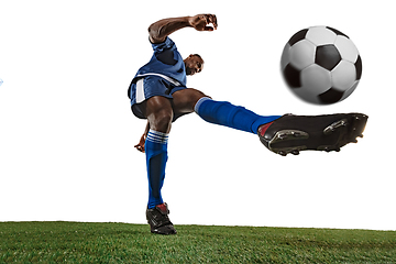 Image showing Football or soccer player on white background - motion, action, activity concept, wide angle