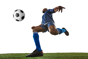 Image showing Football or soccer player on white background - motion, action, activity concept, wide angle