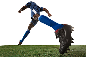 Image showing Football or soccer player on white background - motion, action, activity concept, wide angle