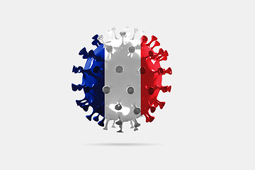 Image showing Model of COVID-19 coronavirus colored in national France flag, concept of pandemic spreading