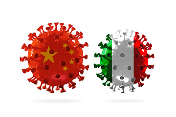 Image showing Model of COVID-19 coronavirus colored in national China and Italy flag, concept of pandemic spreading