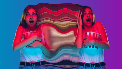 Image showing Mental health concept in creative way. Woman with different emotions connected by colorful wave.