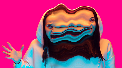 Image showing Mental health concept in creative way. Woman with different emotions connected by colorful wave.