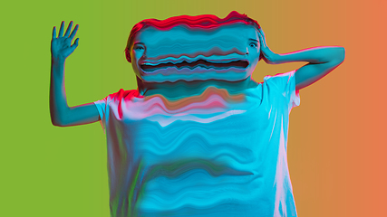 Image showing Mental health concept in creative way. Woman with different emotions connected by colorful wave.