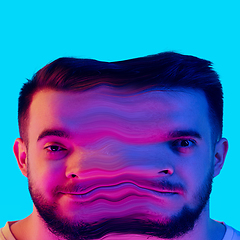 Image showing Mental health concept in creative way. Man with different emotions connected by colorful wave.