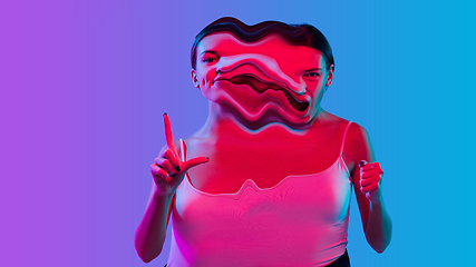 Image showing Mental health concept in creative way. Woman with different emotions connected by colorful wave.