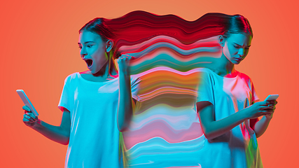 Image showing Mental health concept in creative way. Woman with different emotions connected by colorful wave.