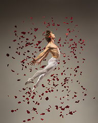Image showing Young and graceful ballet dancer on studio background with rose petals. Art, motion, action, flexibility, inspiration concept.