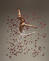 Image showing Young and graceful ballet dancer on studio background with rose petals. Art, motion, action, flexibility, inspiration concept.