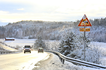 Image showing Moose Warning Traffic Sign in Winter Snow