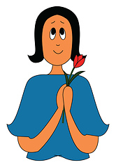 Image showing Dark haired girl in blue shirt holding a red flower vector illus