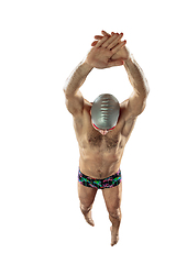 Image showing Professional male swimmer with hat and goggles in motion and action, healthy lifestyle and movement concept