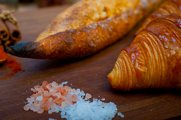 Image showing French fresh croissants and artisan baguette tradition