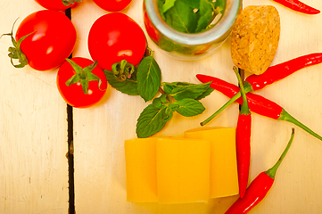 Image showing Italian pasta paccheri with tomato mint and chili pepper